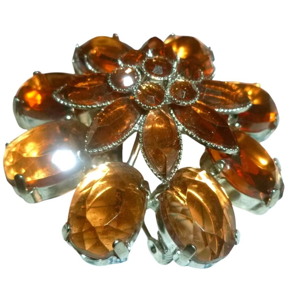 Vintage Honey Brown Glass Rhinestone Flower Brooch Pin Prong Set Tiered Floral